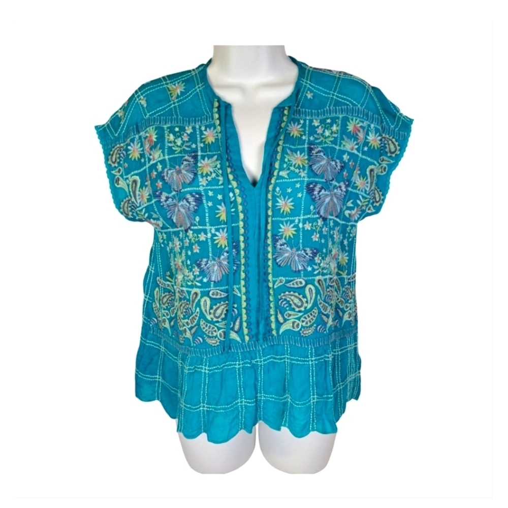 Johnny Was Paise Embroidered Teal Women's Boho Top
